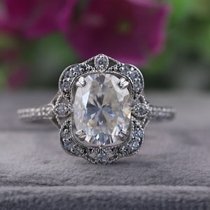Antique Art Deco Diamond Ring, Vintage Wedding Ring, 2.5 CT Oval Cut Moissanite Engagement Ring, 14K Rose Gold Milgrain Ring, Valentine Gift