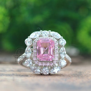 Pink Diamond Ring, Pink Radiant Cut Diamond Engagement Ring, Double Halo Ring, Marquise Cut Ring, Wedding Ring, 14K Solid White Gold Ring