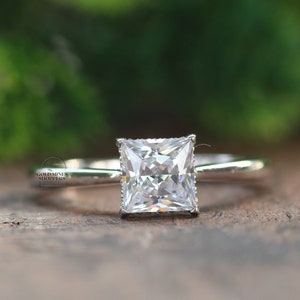 1.0 CT Princess Cut Diamond Simulate Bridal Ring, Hidden Halo Engagement Ring, Solitaire Anniversary Gift Ring, Sterling Silver Ring For Her