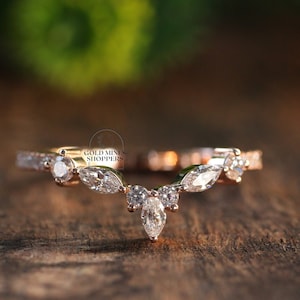 Marquise Cut Moissanite Curved Wedding Band, Rose Gold Chevron Band, Half Eternity Matching Band, Diamond Stacking Ring, Unique V Shape Band