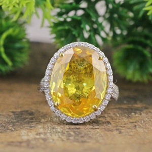 3.0 CT Oval Cut Yellow Diamond Halo Engagement Ring, Vintage Hidden Halo Wedding Ring, 3/4 Eternity Diamond Ring, Anniversary Gift For Her
