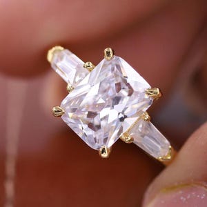 Radiant Lab Grown Diamond Ring, Baguette Side Diamond Ring, Three Stone Engagement Ring, Certified Promise Ring, Anniversary Gift for Women