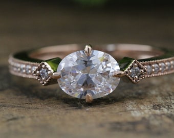1.5 CT East West Oval Cut Moissanite Engagement Ring, 14K Yellow Gold Wedding Ring, Horizontally Set Diamond Ring, Art Deco Ring For Her