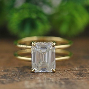 3,0 CT Emerald Cut Moissanite verlovingsring, Solitaire-ring, uniek ontwerp dubbele bandring, ring jubileumcadeau, 14K massief roségouden ring