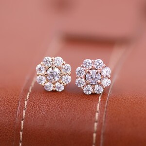 Diamond Minimalist Earrings, 14k Round Cut Lab Grown Diamond Stud Earrings, Birthday Gift For Her, Diamond Flower Cluster Diamond Earrings