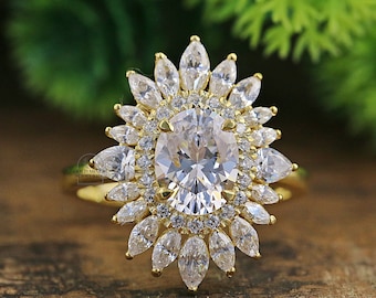 Ballerina Ring, 2.0 CT Oval Cut Moissanite Engagement Ring, Star Burst Halo Wedding Ring, 18K White Gold Diamond Bridal Ring, Valentine Gift