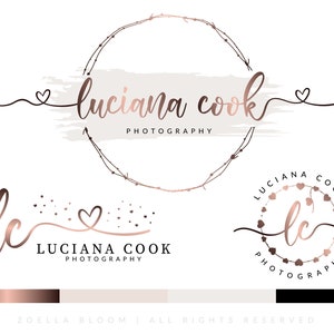 May include: A logo design for a photography business called "Luciana Cook Photography". The logo features a handwritten script font with a heart and a circle of small hearts. The text "Luciana Cook Photography" is written in a rose gold color.