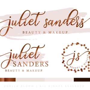 May include: Two logo designs for a beauty and makeup business called "juliet sanders". The first logo features a handwritten script font with a pink watercolor background. The second logo features a circle with a handwritten "js" inside and a copper-colored border with small dots.