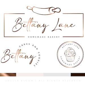 Puede incluir: Un diseño de logotipo para una panadería llamada "Bettany Lane" con el lema "Panadería casera". El logotipo presenta un rodillo, un cupcake y el nombre de la panadería en una fuente cursiva.