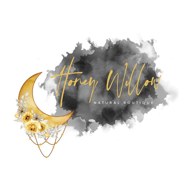 Floral Moon Watercolor Logo Boutique Photography Website Logo Business Branding Kit Watermark Moon Phases Cute Elegant Logo Yellow