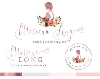 Logo doula en or rose, logo doula et services de naissance, logo de grossesse, logo de nouveau-né, logo floral, logo préfabriqué de sage-femme, photographie de naissance