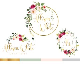 Złote kwiatowe loga, Wieniec kwiatów, Okrągłe logo, Podpis firmowy, Projekt wizytówki, Zestaw do brandingu w mediach społecznościowych, Kaligrafia