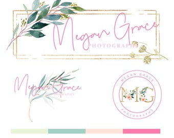 Branding Premade Package, Modern Logo, Set Logo, Calligraphy, Floral Photography Logo, , Feminine, Branding Kit, Watercolor