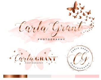 Butterfly Logo Design, Rose Gold Photography Logo, Website Logo, Feminine Branding, Premade Watermark, Watercolor logo, Social Media, Bronze