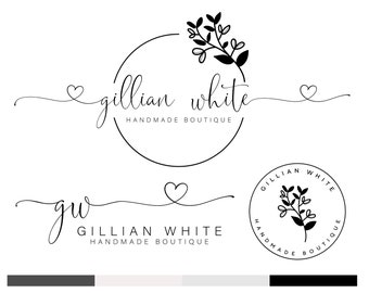 Homemade Handmade Boutique Botanical Logo Design Minimalist Branding Kit Flower Premade Modern Wreath Logo Design Social Media Script Stamp