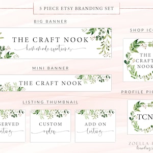 May include: Etsy branding set with a green leafy design. The set includes a big banner, mini banner, shop icon, profile picture, and three listing thumbnails. The text on the banners reads "The Craft Nook - homemade creations". The shop icon and profile picture feature a wreath of green leaves with the text "The Craft Nook". The listing thumbnails feature the text "Reserved listing", "Custom order", and "Add on listing".