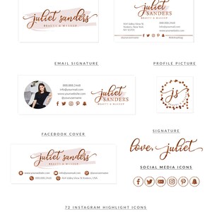 May include: Branding guide for a beauty and makeup business called "Juliet Sanders". The guide includes logos, business card designs, social media icons, and fonts. The color scheme is rose gold and white.