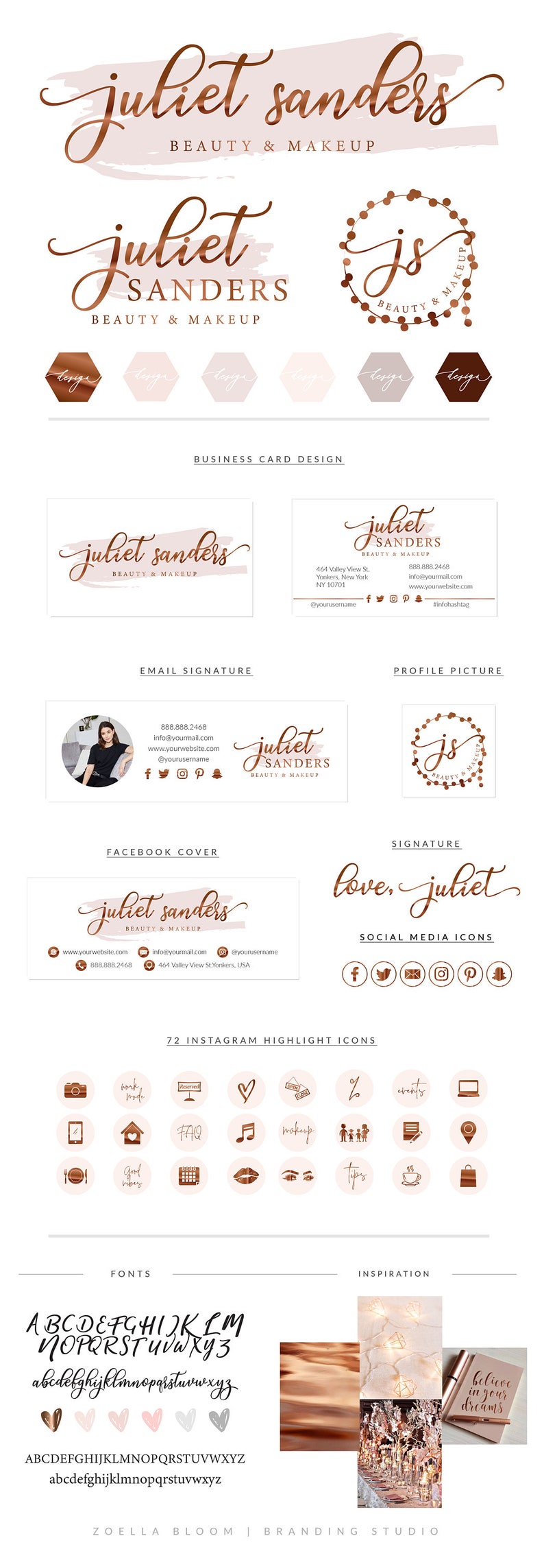 May include: Branding guide for a beauty and makeup business called "Juliet Sanders". The guide includes logos, business card designs, social media icons, and fonts. The color scheme is rose gold and white.