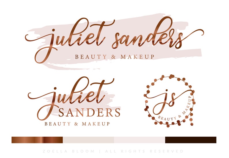 May include: Two logo designs for a beauty and makeup business called "juliet sanders". The first logo features a handwritten script font with a pink watercolor background. The second logo features a circle with a handwritten "js" inside and a copper-colored border with small dots.