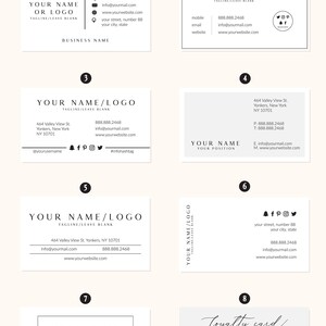 May include: Eight different business card designs with various layouts and information. The designs include a name, logo, tagline, contact information, and social media icons. The cards are all white with black text.