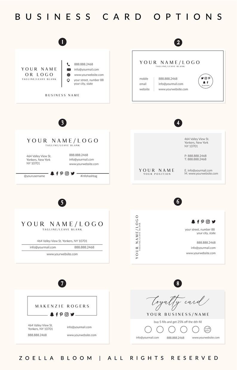 May include: Eight different business card designs with various layouts and information. The designs include a name, logo, tagline, contact information, and social media icons. The cards are all white with black text.