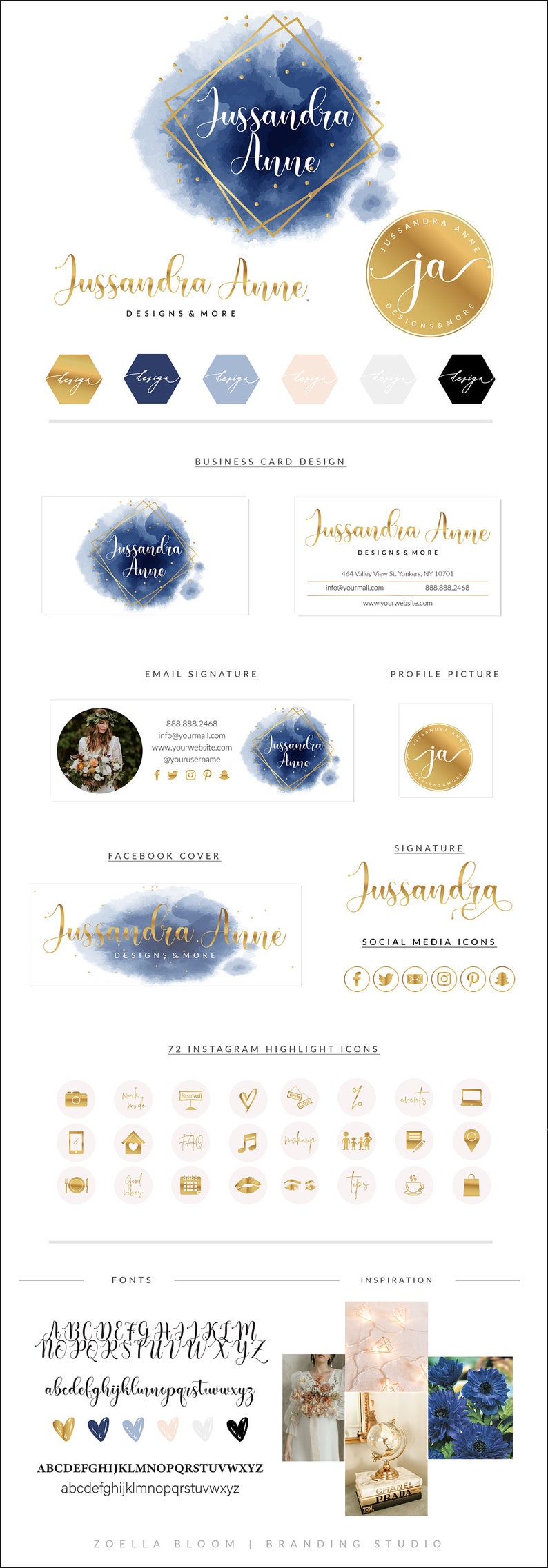 Blue Watercolor Logo Design Gold Logo Calligraphy Script - Etsy