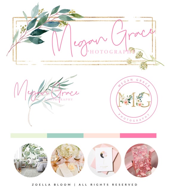 Branding Premade Package, Modern Logo, Set Logo, Calligraphy, Floral Photography Logo, , Feminine, Branding Kit, Watercolor