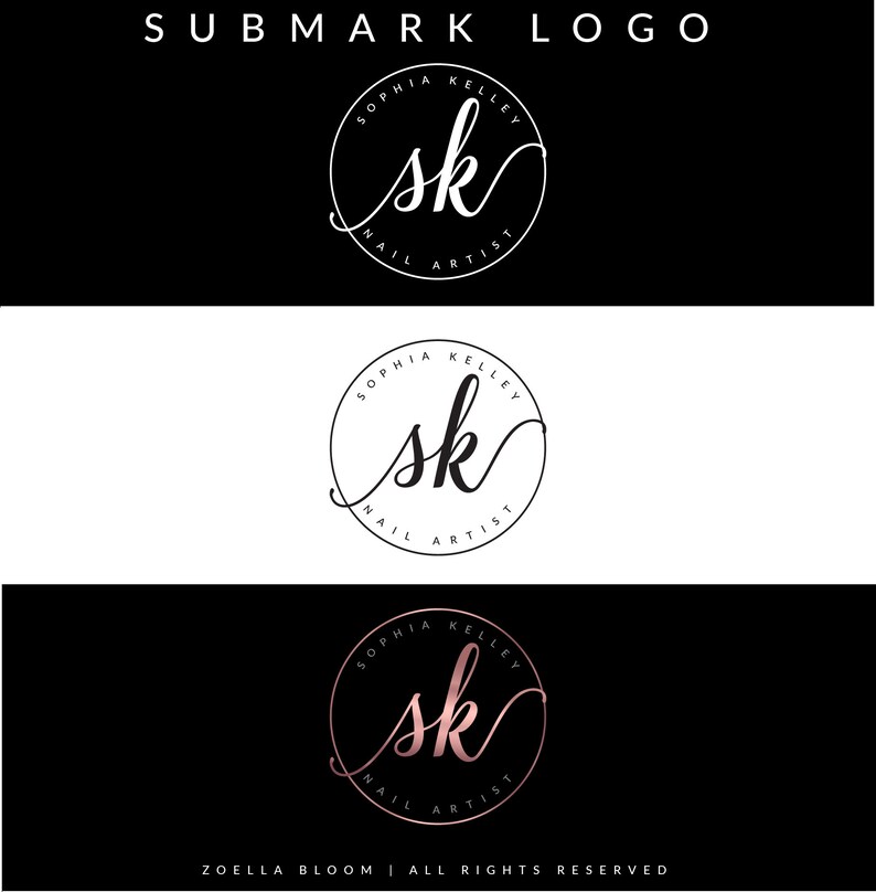 May include: A black and white logo with the initials "SK" in a circle. The text "Sophia Kelley Nail Artist" is written around the circle.