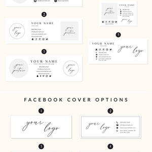 May include: A graphic design template for email signatures and Facebook covers. The template features a variety of options for including your name, logo, picture, tagline, contact information, and social media links. The template is designed in a minimalist style with a white background and black text.