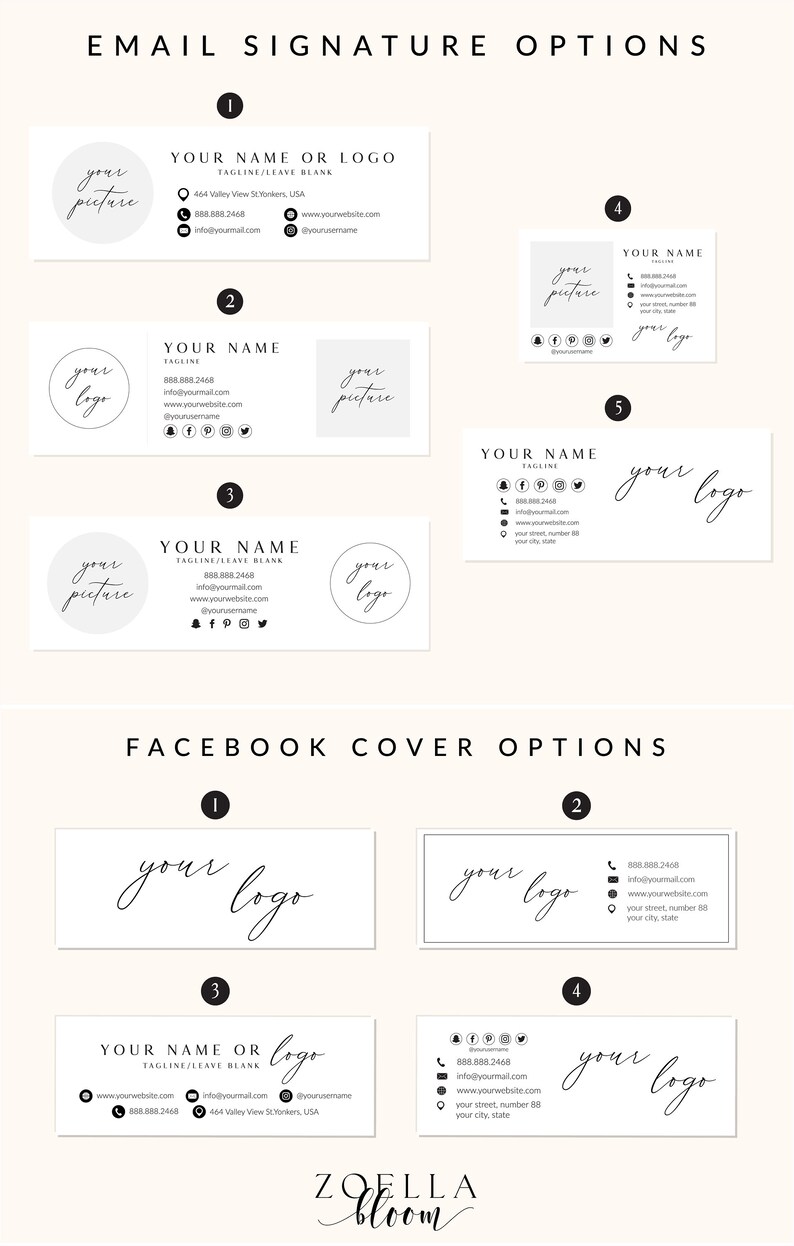 May include: A graphic design template for email signatures and Facebook covers. The template features a variety of options for including your name, logo, picture, tagline, contact information, and social media links. The template is designed in a minimalist style with a white background and black text.