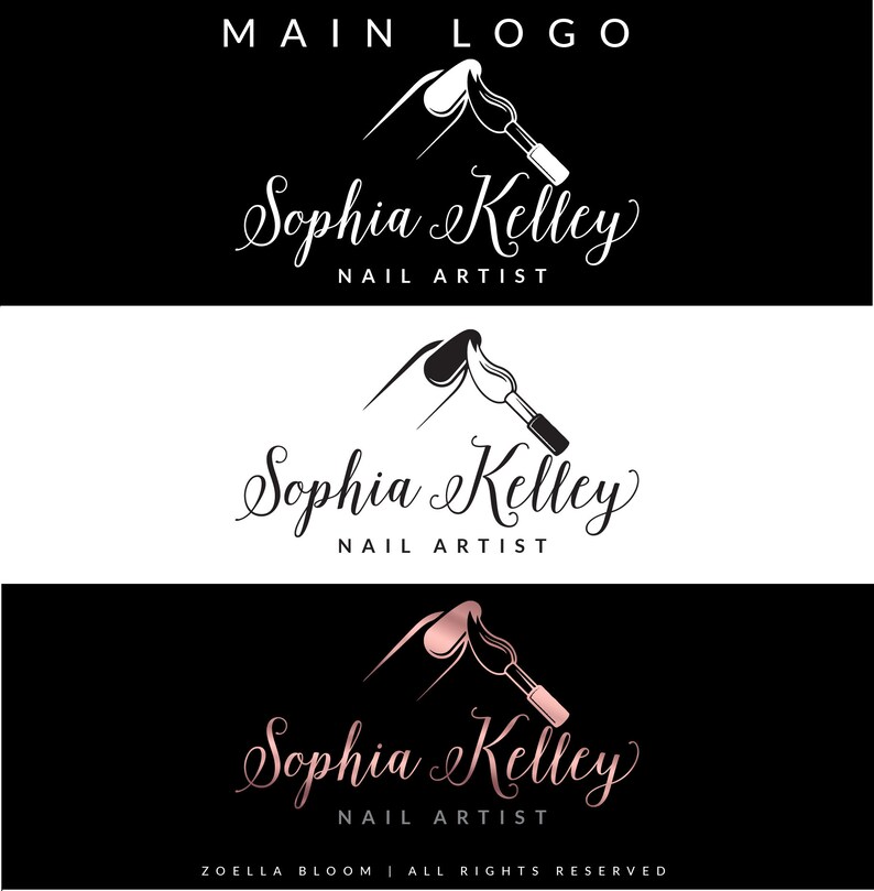 May include: A logo for a nail artist named Sophia Kelley. The logo features a stylized image of a hand getting a manicure with a nail polish brush. The text "Sophia Kelley" is written in a cursive font and the words "Nail Artist" are written below the name.