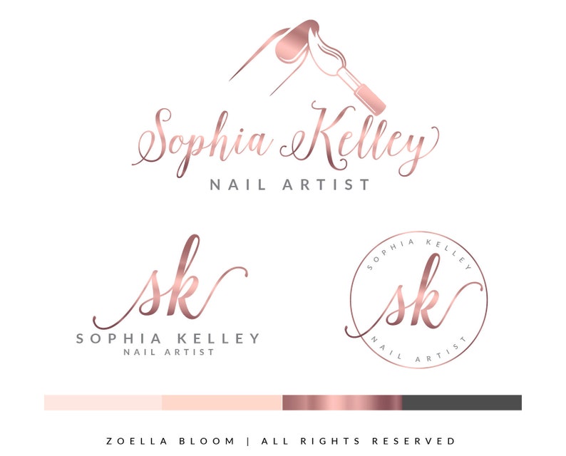 May include: A logo design for a nail artist named Sophia Kelley. The logo features a rose gold nail polish brush and the text "Sophia Kelley" in a cursive font. The logo also includes the text "Nail Artist" and a stylized "SK" monogram.