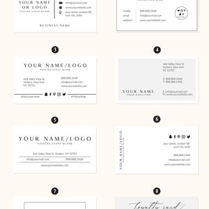 May include: Eight different business card designs with various layouts and information. The designs include a name, logo, tagline, contact information, and social media icons. The cards are all white with black text.