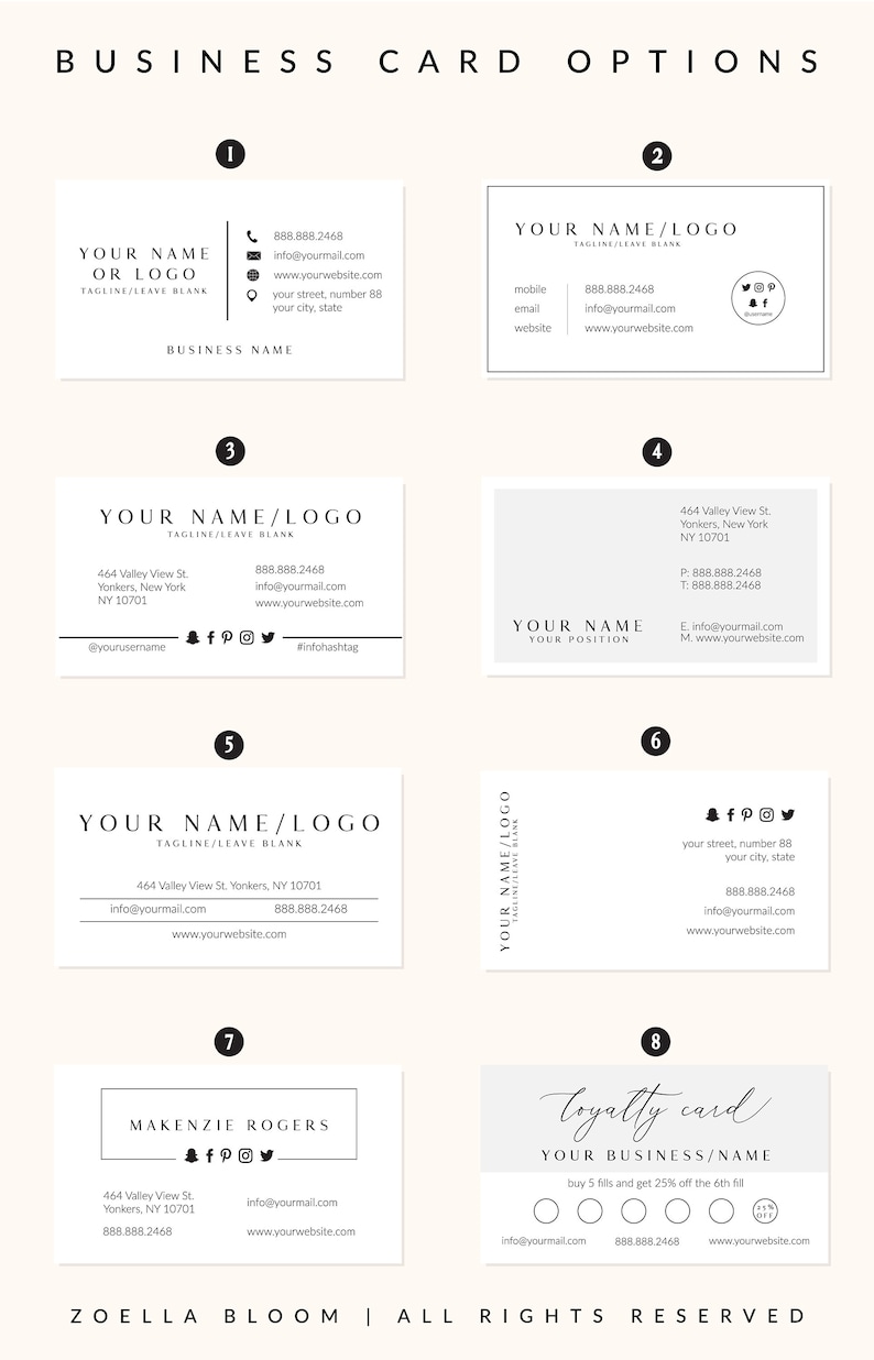 May include: Eight different business card designs with various layouts and information. The designs include a name, logo, tagline, contact information, and social media icons. The cards are all white with black text.