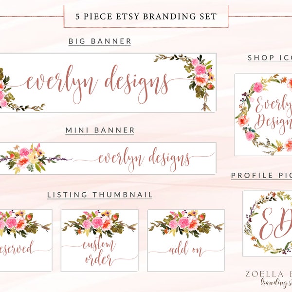 Etsy Banner, Etsy Cover Photo, Etsy Branding Kit, Etsy Template, Graphic Design, Profile Picture, Shop Icon, Seller Shop, Botanical Flowers