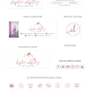 May include: A pink and rose gold business card design for a nail artist named Sophia Kelley. The design includes a logo of a nail file and polish bottle, the business name, contact information, and social media icons. The card also includes a Facebook cover, email signature, and profile picture.