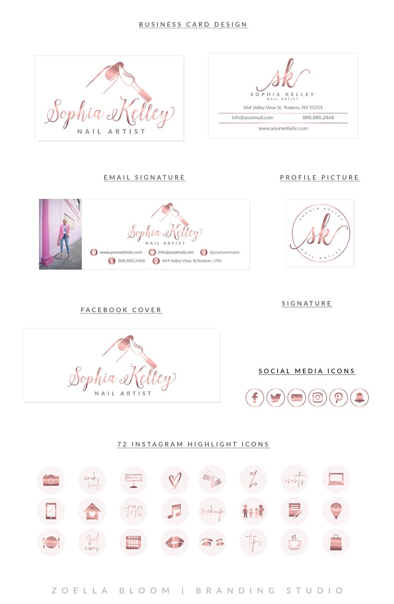 May include: A pink and rose gold business card design for a nail artist named Sophia Kelley. The design includes a logo of a nail file and polish bottle, the business name, contact information, and social media icons. The card also includes a Facebook cover, email signature, and profile picture.