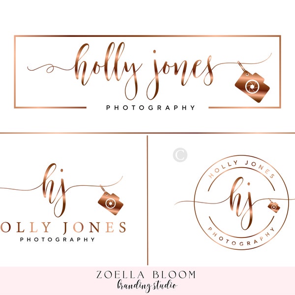 Camera Logo Design, Photography Logo, Initials Round Logo, Calligraphy, Frame Rectangle Logo, Photographer Branding Kit, Bronze Rose Gold