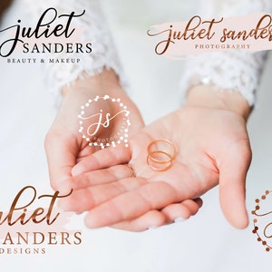 May include: A set of four logos featuring the name "juliet sanders" in a cursive font. Two logos feature the name with the words "beauty & makeup" and "photography" underneath. The other two logos feature the initials "JS" in a circle with a floral design.