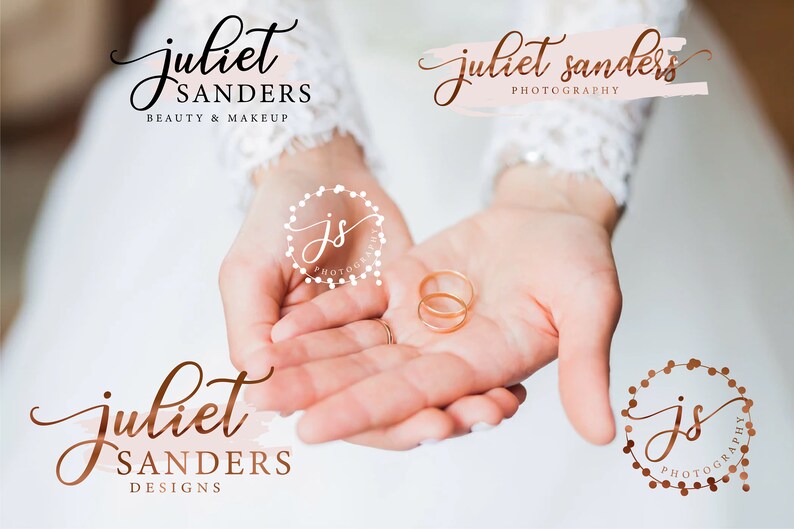May include: A set of four logos featuring the name "juliet sanders" in a cursive font. Two logos feature the name with the words "beauty & makeup" and "photography" underneath. The other two logos feature the initials "JS" in a circle with a floral design.