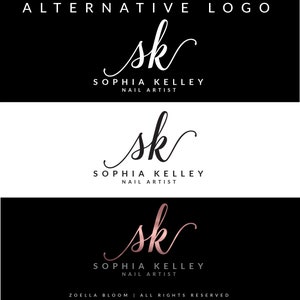 May include: Alternative logo design for Sophia Kelley Nail Artist. The logo features the initials "SK" in a cursive script font. The logo is shown in three variations: black on white, white on black, and rose gold on black.