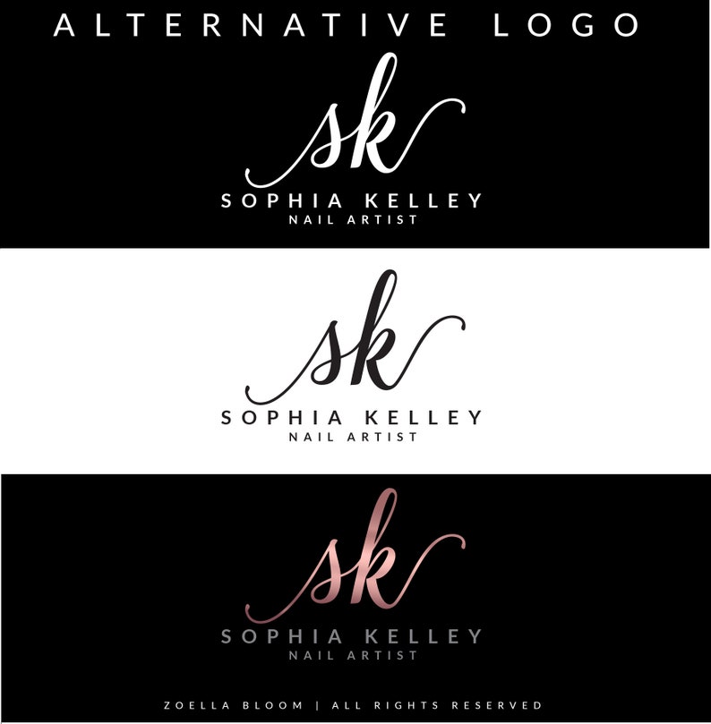May include: Alternative logo design for Sophia Kelley Nail Artist. The logo features the initials "SK" in a cursive script font. The logo is shown in three variations: black on white, white on black, and rose gold on black.