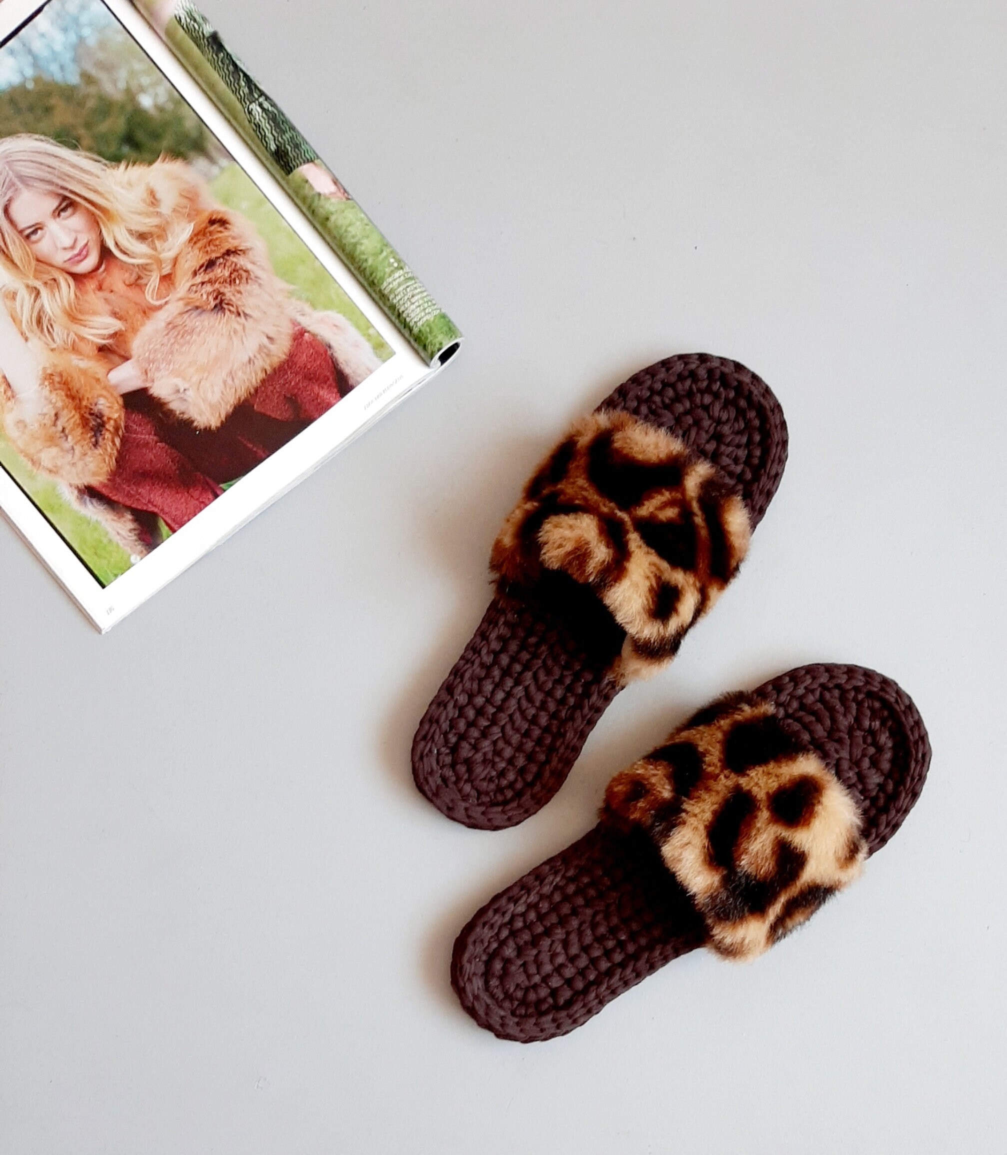 Slippers women with leopard print. Fur shoes . Cute slippers Etsy