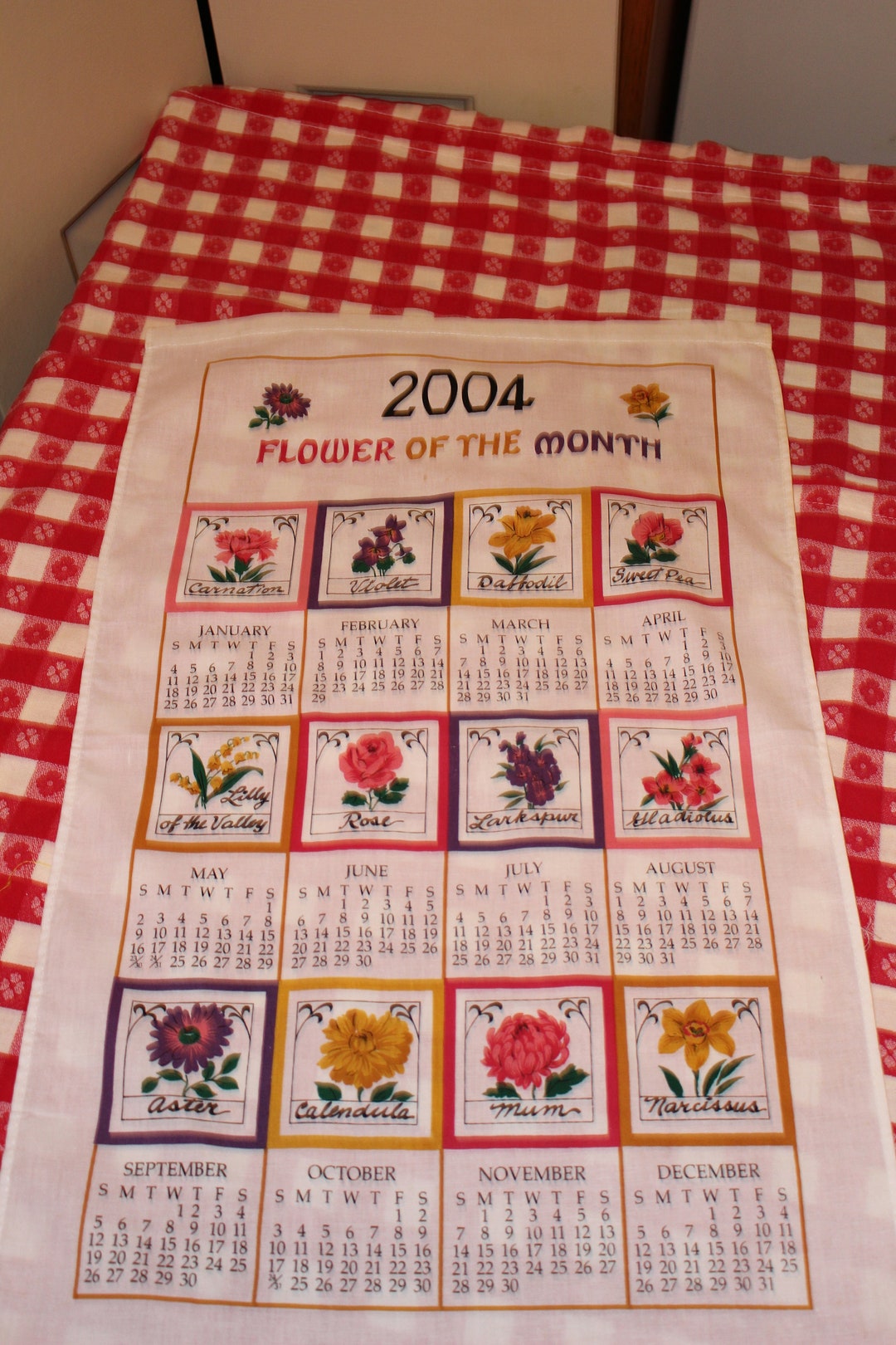 2004 Flower of the Month Linen Hanging Calendar Towel Rare Etsy