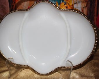 Fire King Anchor Hocking Milk Glass Relish Tray Divided Dish with Gilded Trim #24