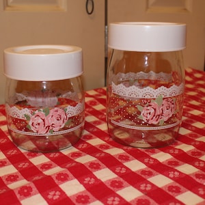 Trio of Glass Canisters With Dusty Rose Pink Plastic Lids Frosted
