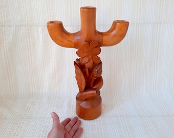 On Sale Handmade wooden candelabra, Vintage hand carved wooden candle holder, Gifts