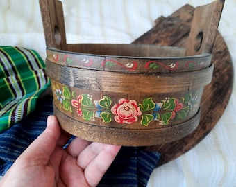 Vintage Scandinavian Hand Painted Wooden Bowl, Handmade Bowl with Handles, Rosemaling, Sale
