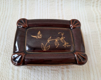 Vintage ceramic box, Hand painted brown box, Ring box, Jewelry storage