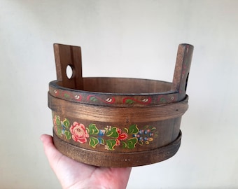 Vintage Wooden Hand Painted Bowl with Handles, Rosemaling, Scandinavian Kitchen